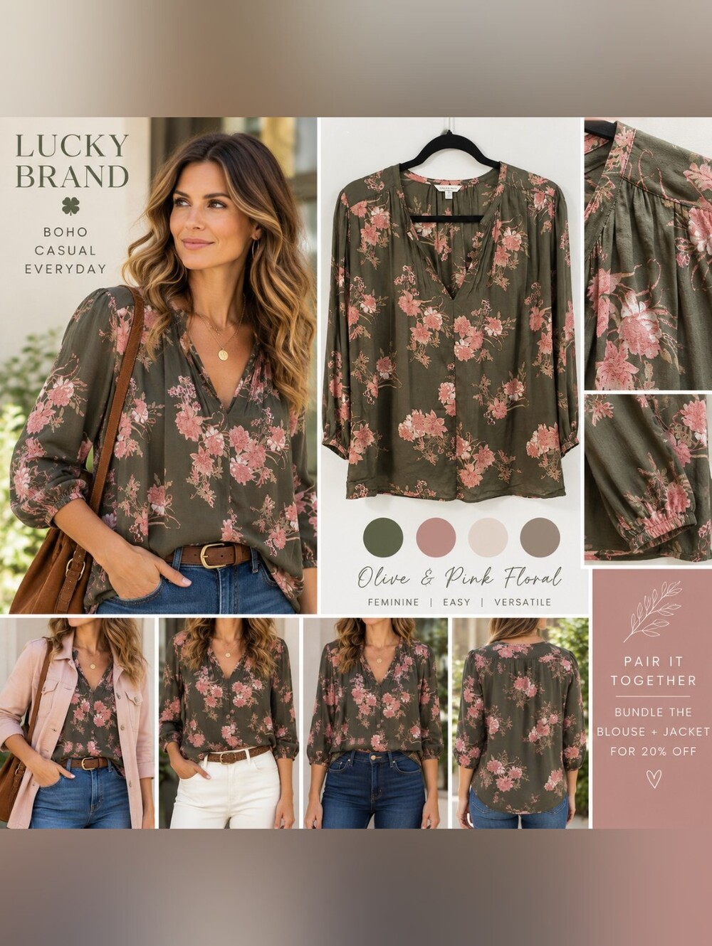 Lucky Brand Olive Floral V-Neck Peasant Blouse